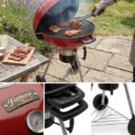 Flamora Barbecue à charbon Cuve et couvercle en acier, surface de cuisson de 43,5 cm, thermomètre de couvercle, cendrier amovible et roues de transport, Rouge – Image 6