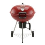 Flamora Barbecue à charbon Cuve et couvercle en acier, surface de cuisson de 43,5 cm, thermomètre de couvercle, cendrier amovible et roues de transport, Rouge – Image 2